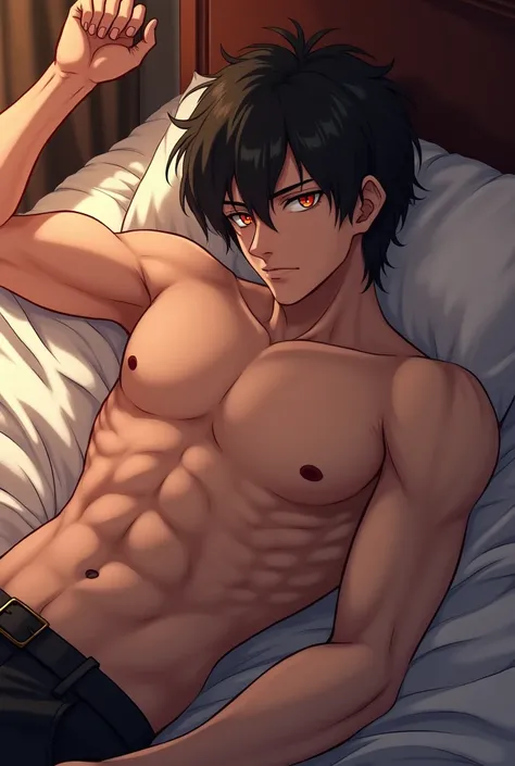 A cut anime boy hot abs neket have sex with a  posing sexy on the bed
