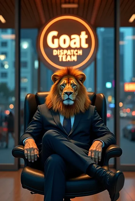 lion with suit sitting in the chair at office under the logo with letter “GOAT DISPATCH TEAM”