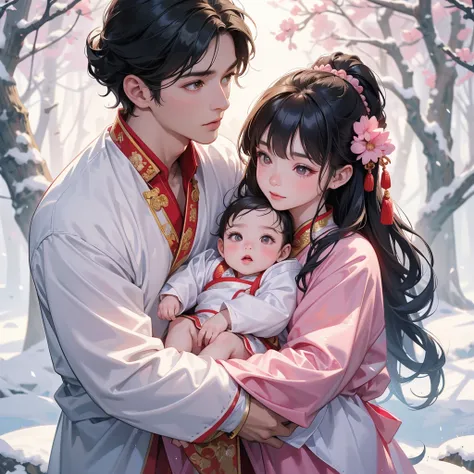 A one-year-old baby boy in pink ancient Chinese baby costume with his beautiful mother, dressed in an ancient Chinese costume, In a forest where there was only white snow everywhere. The trees were still covered in white snow. A very strong blizzard, playi...