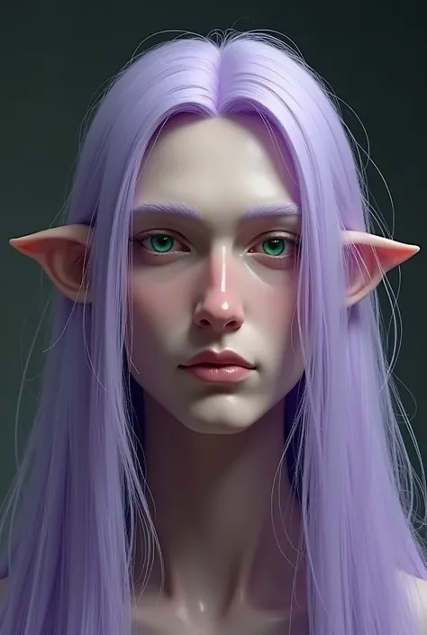 pale man, lavender hair, straight long hair, big nose, big lips, thick upper lip, sharp jawline, prominent cheekbones, green eyes