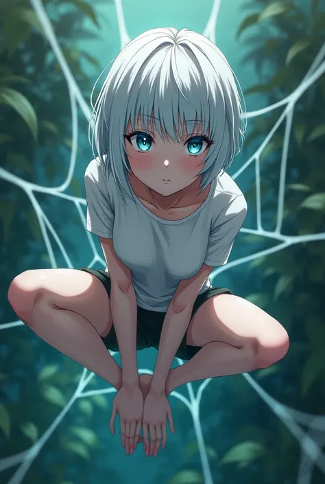 anime style, young adult woman, with one blue eye and one green eye, short white hair.
It is hanging from a spider web, Holding it with both hands, which are together in a position that could suggest concentration.
His body is completely stretched, with he...