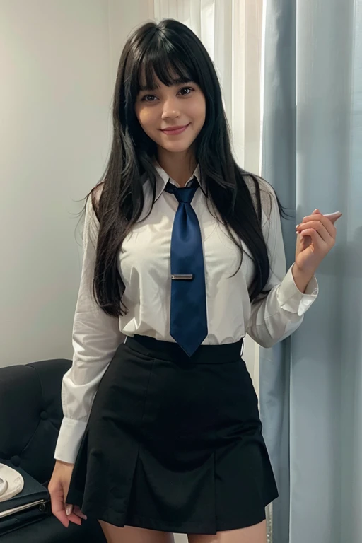 "A young woman standing in a room, wearing a white blouse, a blue tie, and a black skirt. She has long black hair with bangs, and she is smiling while holding a phone. The background includes light-colored curtains, a blue chair, and a glass table with som...