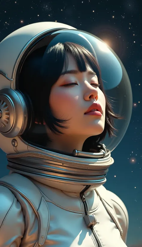 Adult female、Japanese、Black Hair、Brown eyes、Pink Lips、Shortcuts、Retro spacesuit、Upper Body、Close your eyes and look up、universe space、Real、Masterpiece、Highest quality、Light reflecting off the helmet、