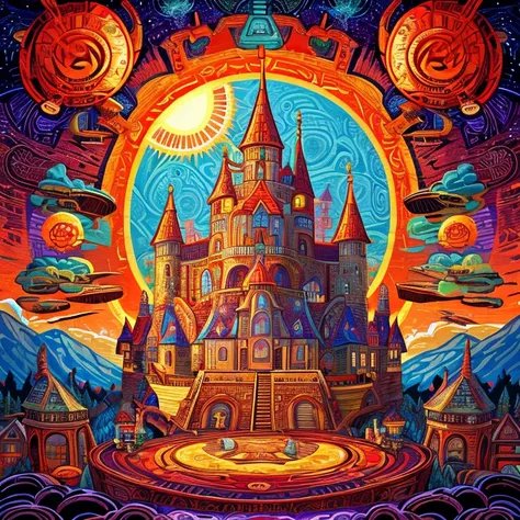 a painting of a castle with a giant sun in the background, an ultrafine detailed painting inspired by Dan Mumford, cg society contest winner, psychedelic art, fractal thunder dan mumford, dan mumford and alex grey style, el bosco and dan mumford, anton fad...