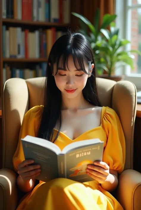 3D ai A beautiful girl with doyin makeup wearing a yellow dress with black hair and bangs reading a book titled "BISU" with a grey book cover featuring a beach scene, sitting inside the library