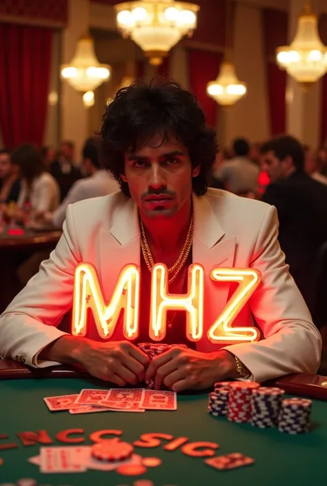 Create Tony Montana playing poker at the casino and carrying a sign that says MHZ