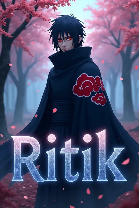 A fantasy image of the word Ritik with Itachi Uchiha behind it. 