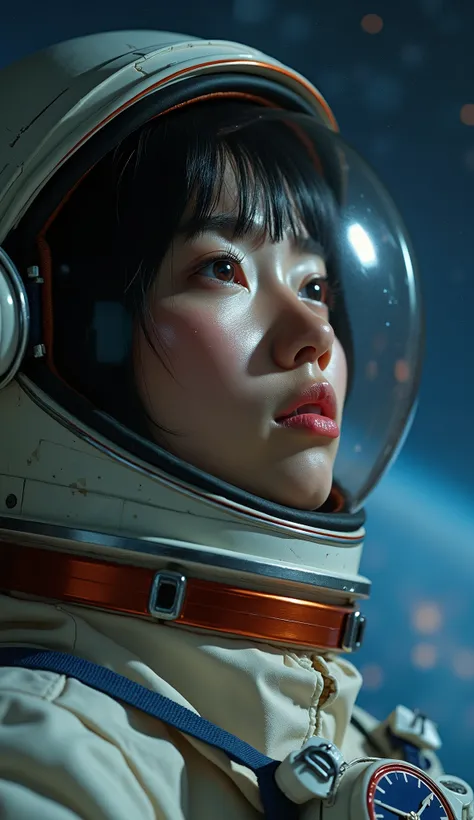 Adult female、Japanese、Black Hair、Brown eyes、Pink Lips、Shortcuts、Retro spacesuit、Upper Body、Look Up、tears、Crying face、universe space、Real、Masterpiece、Highest quality、Light reflecting off the helmet、