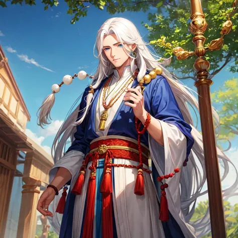 A handsome, tall, male cultivator with long white hair and blue eyes, holding a string of prayer beads in his hands. 