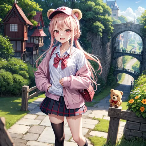 Pink Blonde、Red eyes、Hair tied up、Two cute、Checked mini skirt、black t-shirts、cardigan、Knee-high socks、bear ears baseball cap、Teeth are visible、Monster Castle、Tilting face、crossing the bridge、hazakura、windmill、grass、Stones are growing out of the ground.、imp...