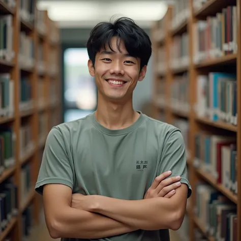 Young man、Japanese、smile、In the library、Casual clothing、front、Upper Body