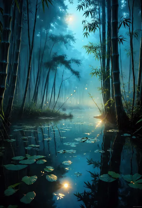 Capture an award-winning, ultra-realistic artistic landscape photograph featuring a thick blue bamboo forest standing at the edge of a serene, clear water lake. The scene is bathed in a soft blue hue, creating an ethereal and surreal atmosphere. The tall, ...