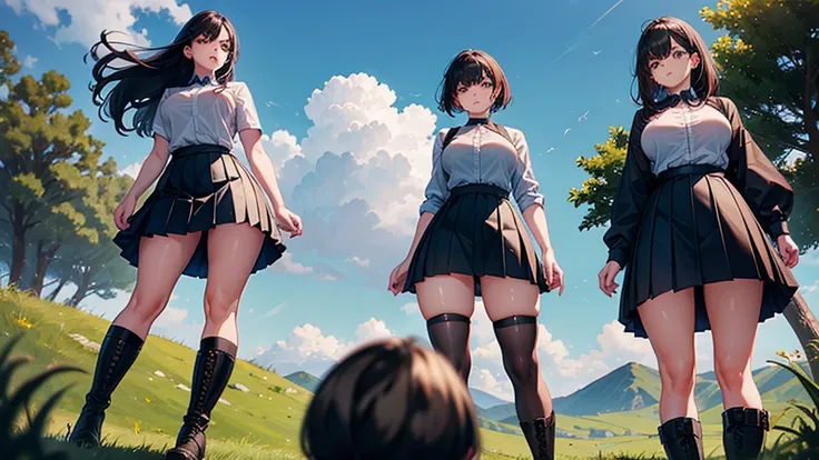 three angry women, 30 years old, thicc curvy body, wearing pleated skirt and boots, stomping the grass, viewed from below