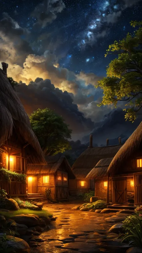 A beautiful village at night, rustic mud house with thatched roof, lush green tree, fluffy clouds in starry sky, glowing fireflies, (best quality,4k,8k,highres,masterpiece:1.2),ultra-detailed,(realistic,photorealistic,photo-realistic:1.37),cinematic lighti...