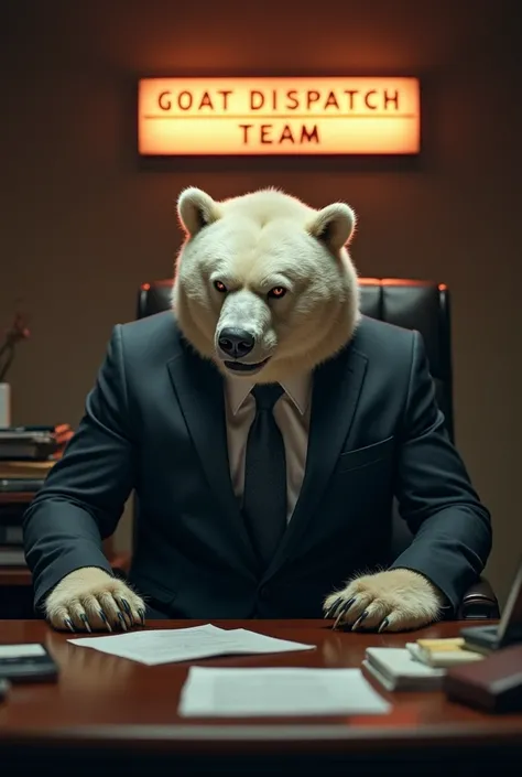 Angry White Bear with suit sitting in the chair at office under letter “GOAT DISPATCH TEAM”