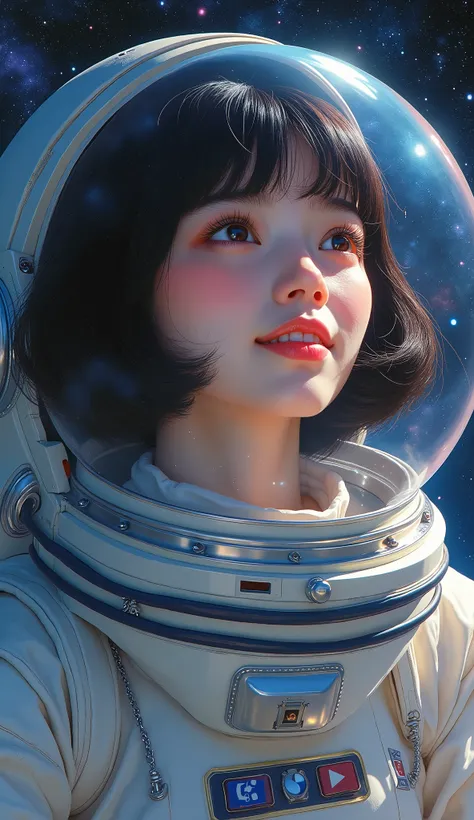 Beautiful adult woman、Japanese、clear、Black Hair、Brown eyes、Transparency、Pink Lips、Bobcut、Retro spacesuit、Upper Body、Look Up、smile、universe space、Real、Masterpiece、Highest quality、Light reflecting off the helmet、