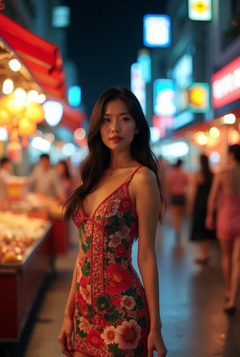 A Chinese woman in her 30s wearing a tight mini-dress