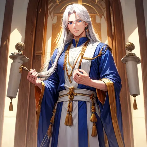 A handsome, tall, and strong cultivator man with long white hair and blue eyes, holding a string of prayer beads in his hands. 