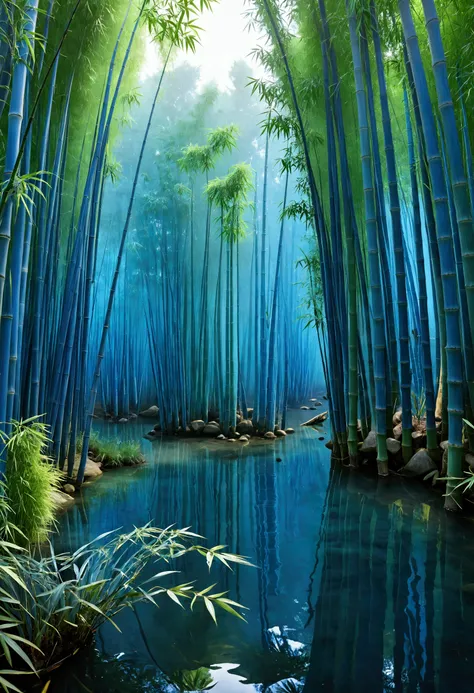 Capture an award-winning, ultra-realistic artistic landscape photograph featuring a thick blue bamboo forest standing at the edge of a serene, clear water lake. The scene is bathed in a soft blue hue, creating an ethereal and surreal atmosphere. The bamboo...