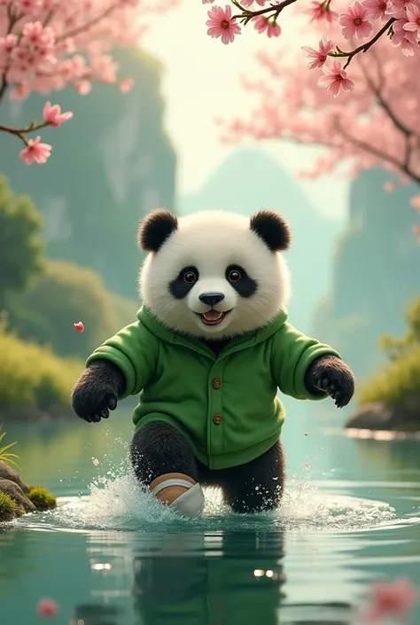 A panda wearing a green shirt with an injured leg,Attempting to cross the river,Cute realistic style,Chinese style in the background