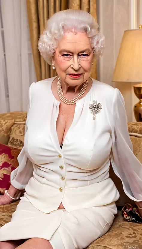 ((gorgeous queen elizabeth 80yo ), (squeeze breast:1.4), (huge saggy breast:1.6), (dressed for a party with elegant white chiffon shirt:1.4), (black skirt), (sitting on sofa), lipsticks