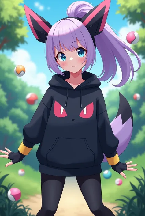 Id like a girl from the Pokémon world around 20 years old, of long hair, light purple color, tied in a ponytail with M bangs, thesis clara, light blue eyes, big hips, neither very thin nor very wide, with a B cup bust, a black hooded sweatshirt with Umbreo...