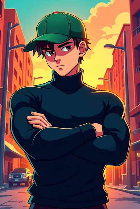 Make me an animated logo of a guy with a green cap down, wearing a black sweater with his arms crossed