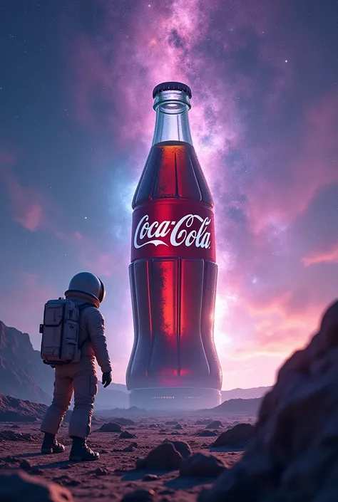 A captivating cinematic photo of a towering Coca-Cola bottle, set against a breathtaking cosmic backdrop filled with swirling nebulae,twinkling stars, and a distant, mysterious planet. A lone astronaut, dressed in a spacesuit with a backpack and helmet, st...