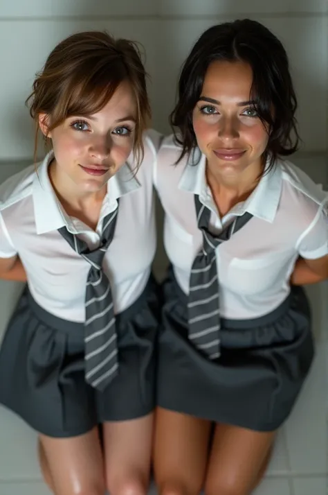 Realistic photo from above of two slim pretty 16-year-old Caucasian women. One has short light-brown hair. The other has short dark-brown hair. They are wearing tight white wet shirts. They are not wearing a bra. They are wearing dark-grey striped ties. Th...