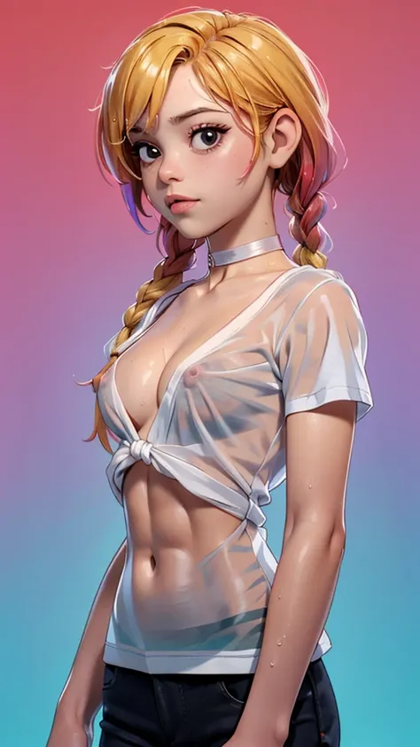 one girl, solo, (abs:1.5), slender body, fit body, (upper body, bust:1.2), (black eyes:1.3), blonde hair, (two cute braids:1.2), masterpiece, highly detailed, look at viewer, front view, (small breasts, tiny breasts, male chest, exposed breasts, deep cleav...