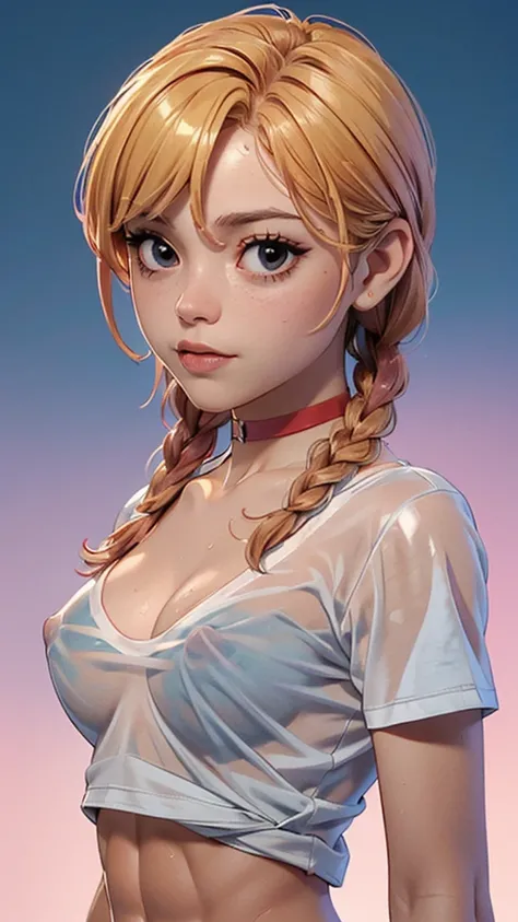 one girl, solo, (abs:1.5), slender body, fit body, (upper body, bust:1.2), (black eyes:1.3), blonde hair, (two cute braids:1.2), masterpiece, highly detailed, look at viewer, front view, (small breasts, tiny breasts, male chest, exposed breasts, deep cleav...