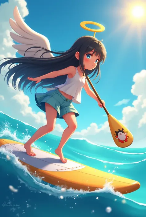 A black-haired angel with long hair,
wearing cartoon wings, dressed in cute clothes, rowing a boat with a SUP paddle, SUP board in the sea.