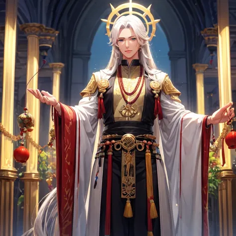 A very handsome, tall, and strong cultivator immortal with long white hair and blue eyes, holding a string of prayer beads. 