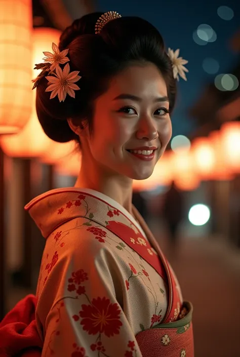 An elegantly dressed Japanese woman under the lights、Chest up、