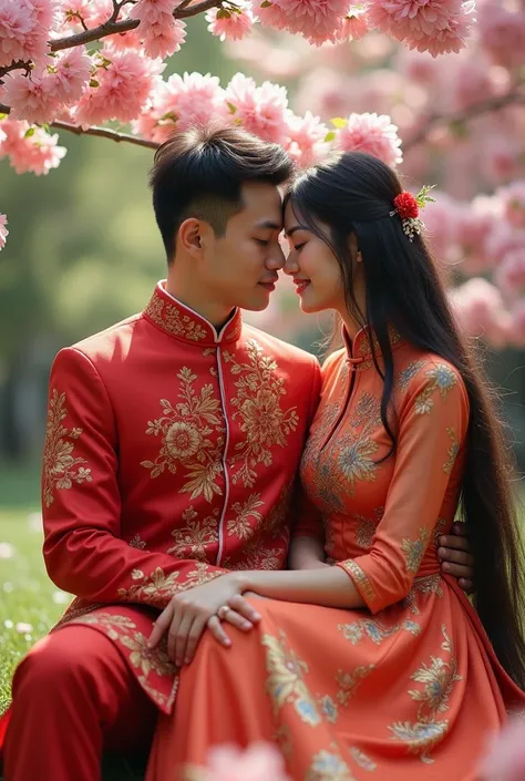 Make a gay couple who wearing a Chinese dress one of them are  sitting his lap and  their hairs are long and silky  