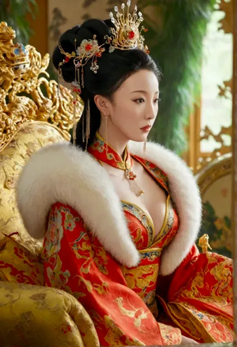 A lavish Empress from the Qing Dynasty era in China, seated on a large golden sofa, completely naked, with her large breasts and massive buttocks protruding as she faces away, her face visible.（Porn Pose） A gorgeous Chinese imperial empress with her hair t...