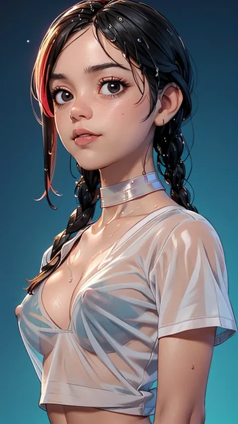 one girl, solo, (abs:1.5), slender body, fit body, (upper body, bust:1.2), (black eyes:1.3), black hair, (two cute braids:1.2), masterpiece, highly detailed, look at viewer, front view, (small breasts, tiny breasts, male chest, exposed breasts, deep cleava...