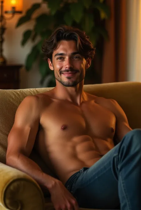 Handsome man without a shirt,without pants sitting,relaxed on the couch looking forward with a hot face,excited smiling sideways with his mouth closed