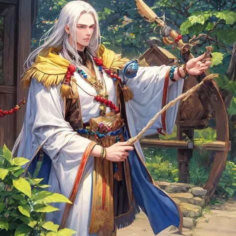 A very handsome, tall, and strong cultivator with long white hair and blue eyes, wearing cultivator robes and holding a string of prayer beads.