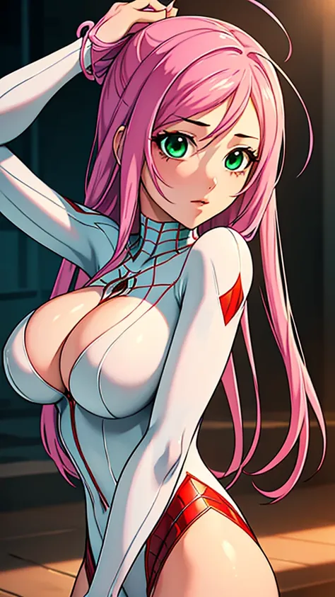 a beautiful detailed white spiderman cosplay girl,1girl,extremely detailed face and eyes,long pink hair,green eyes, large breasts,white skin,red spider symbol on costume,8k,best quality,highres,masterpiece,realistic,studio lighting,vivid colors,hyper detai...