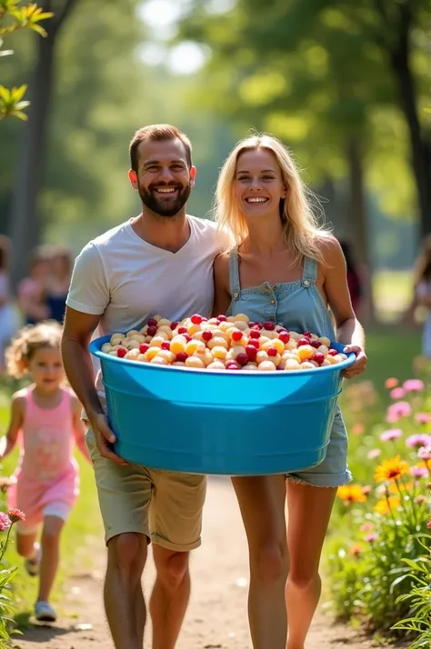 Man and woman carrying a blue tub with jellies and desserts