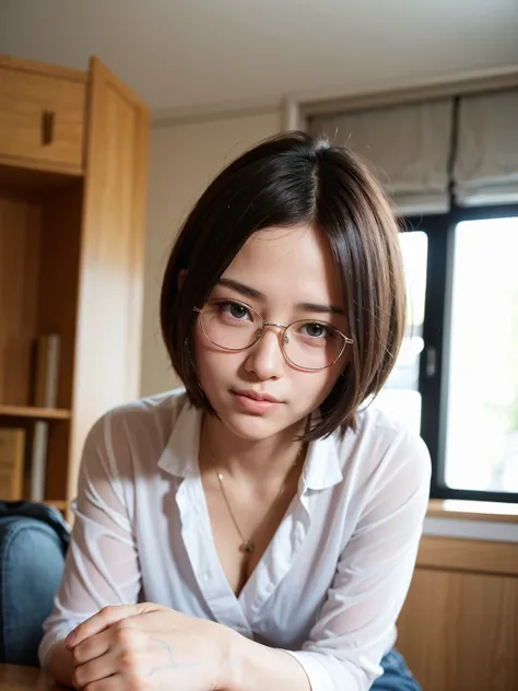 Top Quality, A beautiful, short-haired woman with an intelligent and sophisticated look, Shy-smile, wearing stylish eyeglasses that accentuate her sharp, inquisitive eyes. Her hair is neatly styled in a modern, short cut that complements her facial feature...