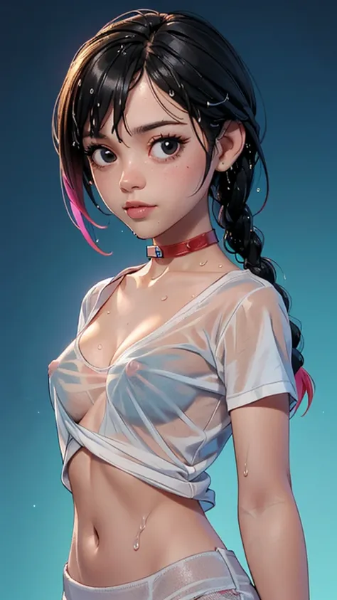 one girl, solo, (open stomach:1.3), slender body, fit body, (upper body, bust:1.2), (black eyes:1.3), black hair, (two cute braids:1.2), masterpiece, highly detailed, look at viewer, front view, (small breasts, tiny breasts, male chest, exposed breasts, de...