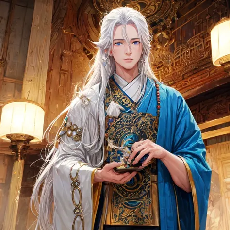 A very handsome, tall and strong cultivator with long white hair and blue eyes, wearing a robe and holding Buddhist beads in his hands.