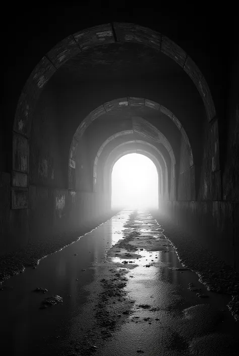 A dark bridge tunnel，Black and white style