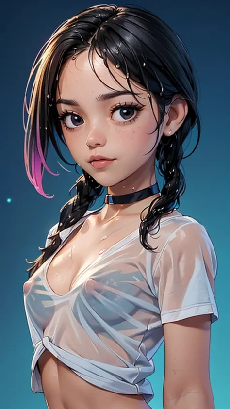 one girl, solo, (open stomach, bare stomach:1.3), slender body, fit body, (upper body, bust:1.2), (black eyes:1.3), black hair, (two cute braids:1.2), masterpiece, highly detailed, look at viewer, front view, (small breasts, tiny breasts, male chest, expos...