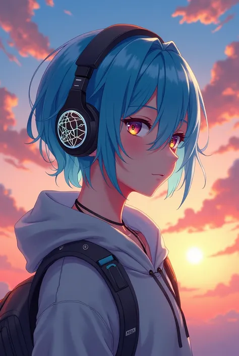 Handsome anime Add headphone  sky blue hair