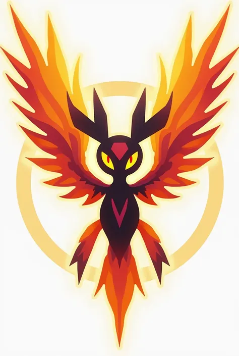 Create a logo inspired by the Pokémon Volcarona. The design should capture the essence of Volcarona with its fiery and moth-like features, including its vibrant wings and intense, glowing eyes. Incorporate the colors orange, red, and yellow to evoke a sens...