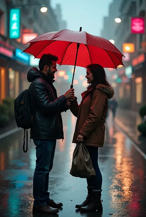 They offer their umbrella to the boy, who gratefully accepts it. Capture the moment when the boy removes the sack and takes the umbrella, his face lighting up with happiness. The couple watches him with warm smiles, feeling a deep sense of satisfaction and...