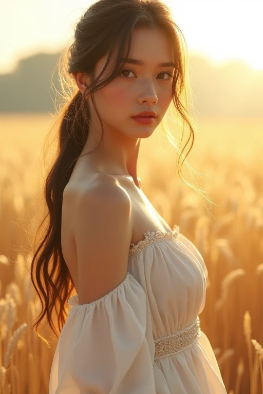 (masterpiece:1.4),, (Highest quality:1.4),, Ultra-high resolution,, 8k, CG,, (Very delicate and beautiful:1.2),, , Upper Body,, From the side,, View your viewers,, , One girl,, alone,, Fashionable Girl,, mature,, , cute, sweet,, , In the wheat field,, Blur...